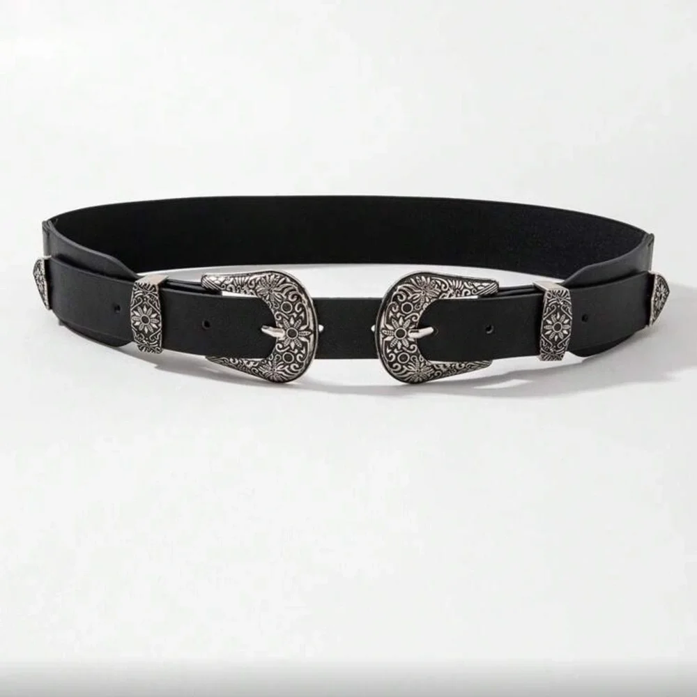 Black Western Vegan Leather Double Buckle Belt